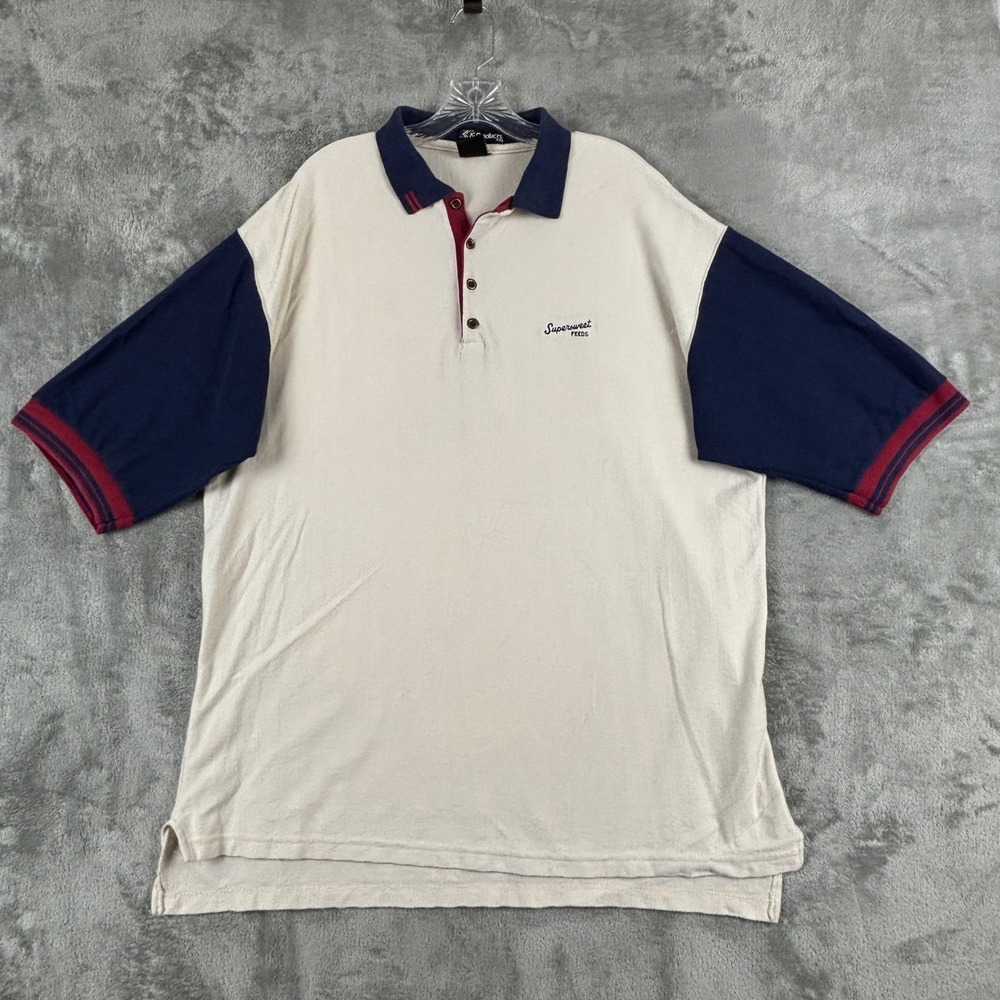 Vintage K-Products Supersweet Feeds Mens XXL Polo Shirt White Blue Red USA Made